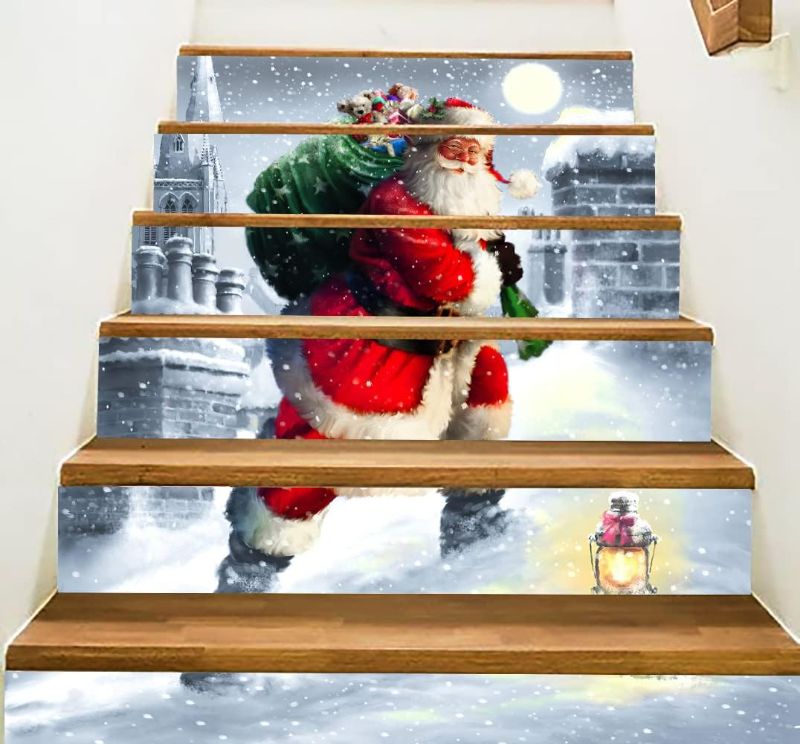 Photo 1 of 3D Christmas Santa Stair Stickers Decals-6Pcs/Set Christmas Santa Claus Stair Risers Stickers Decals Removable Staircase Decals Vinyl Wall Stickers for Stair Steps Christmas Decoration