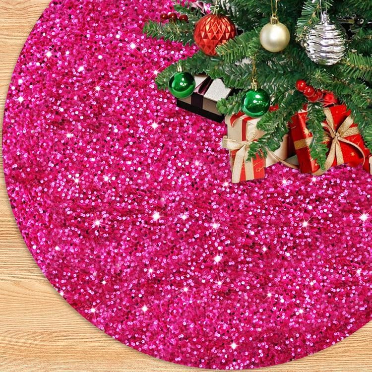 Photo 1 of 21 Inches Christmas Tree Skirt Hot Pink Sequined Tree Skirt Velvet Xmas Tree Skirt Decoration Mini Tree Skirts for Artificial Trees Glitter Christmas Tree Stand Cover for Winter Holiday Party Supplies