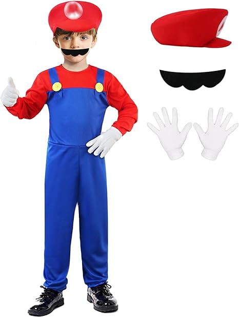 Photo 1 of BOMLY Mario Costume for Kids Halloween Plumber Cosplay Outfit Boys Jumpsuit with Accessory