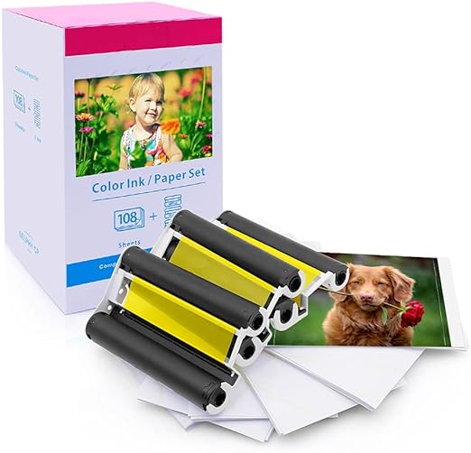 Photo 1 of Compatible Canon Selphy CP1300 CP1500 Ink and Paper KP-108IN KP108 3 Color Ink Cartridges and 108 Sheets 4x6 Photo Paper Glossy for Canon Selphy CP1200, CP1000, CP910, CP900 Compact Photo Printers
