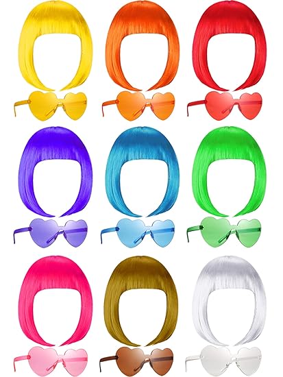 Photo 1 of  18 Pieces Party Wigs and Sunglass Set, Short Bob Hair Wigs Colorful Cosplay Costume Wig Heart Shaped Sunglasses for Daily Party Hairpiece (15 pcs of heart glasses)