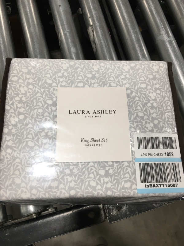 Photo 2 of Laura Ashley Home - King Sheets, Soft Sateen Cotton Bedding Set - Sleek, Smooth, & Breathable Home Decor, Winnie Grey Winnie Grey/White King