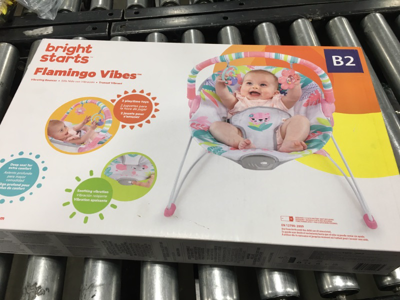 Photo 2 of Bright Starts Flamingo Vibes 3-Point Harness Harness Vibrating Baby Bouncer with -Toy bar