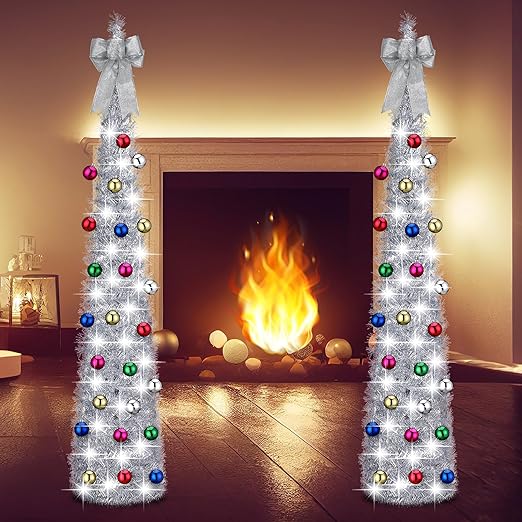 Photo 1 of 2 Pcs 5ft LED Christmas Tree with Light Artificial Tinsel Pencil Tree Pop up with Topper Bow Ball Ornaments Slim Collapsible Tree Decor for Holiday Xmas Fireplace Indoor Outdoor(Silver)
