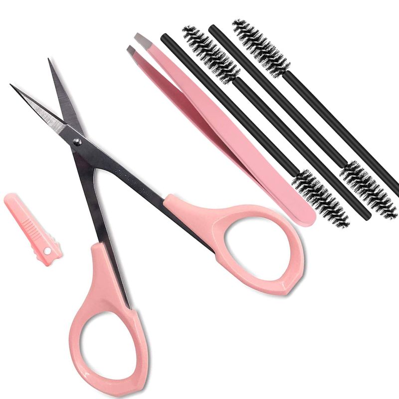 Photo 1 of 4" Curved Craft Scissors Stainless Steel Unisex Eyebrow Kit Eyebrow Scissors, Slant Tweezers And Eyebrow Brush for Eyebrow Eyelash Extensions (Pink Set) 