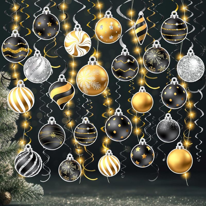 Photo 1 of 57Pcs Hanging Swirls Decoration with LED Lights String,Christmas Candy Snowflakes Ornaments Ceiling Hanging Whirl Streamers for Christmas 2024 Happy New Year Indoor Outdoor Decorations (Black Gold) 