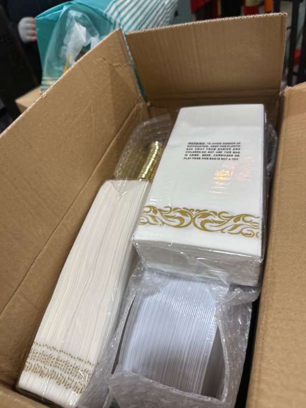 Photo 2 of 350 Piece Gold Dinnerware Set for 50 Guests, Plastic Plates Disposable for Party, Include: 50 Gold Rim Dinner Plates, 50 Dessert Plates, 50 Paper Napkins, 50 Cups, 50 Gold Silverware Set