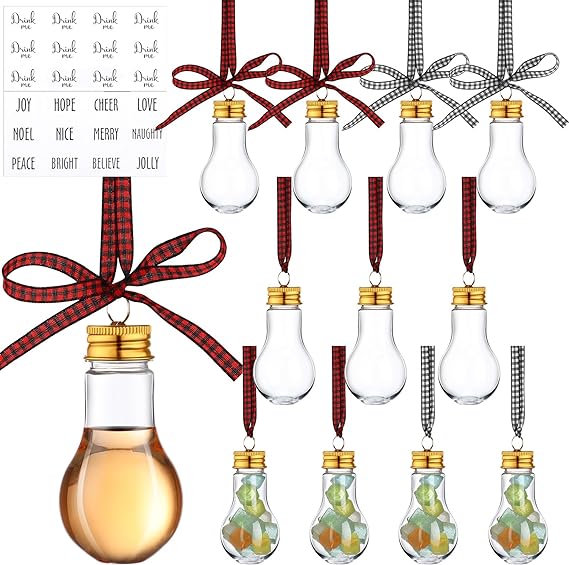 Photo 2 of 12 Pcs Christmas Booze Balls Christmas Fillable Booze Tree Ornaments with Buffalo Plaid Ribbon Stickers Clear Plastic Xmas Booze Pendant Ball for Xmas Party (Bulb Ball, 50ml)
