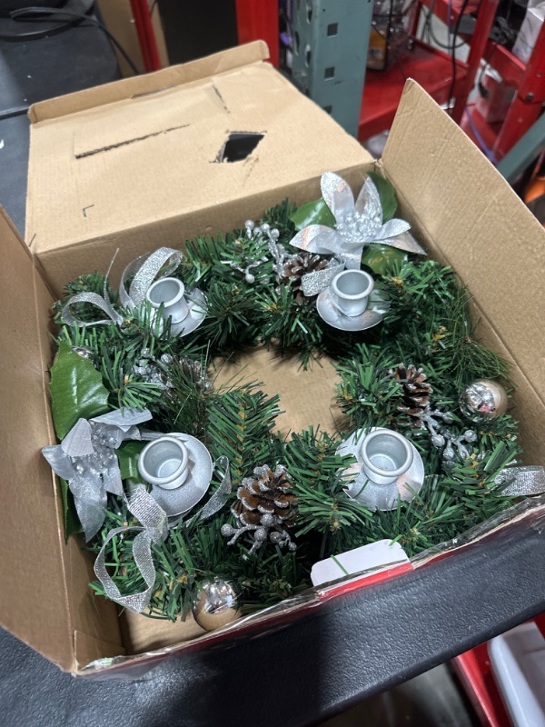 Photo 2 of [Safety Fire Retardant] Christmas Silver Advent Wreath Decor 4 Advent Candle Holder with 4 Pinecorn 4 Ribbon 2 Poinsettia 4 Ball 4 Berry Christmas Centerpiece Table Decorations Home(No Candles)