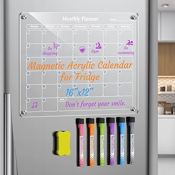 Photo 1 of Magnetic Calendar for Fridge, Monthly Acrylic Calendar for Fridge, 16"x12" Clear Fridge Calendar Dry Erase Magnetic Board for Refrigerator, Includes 6 Dry Erase Markers with 6 Colors