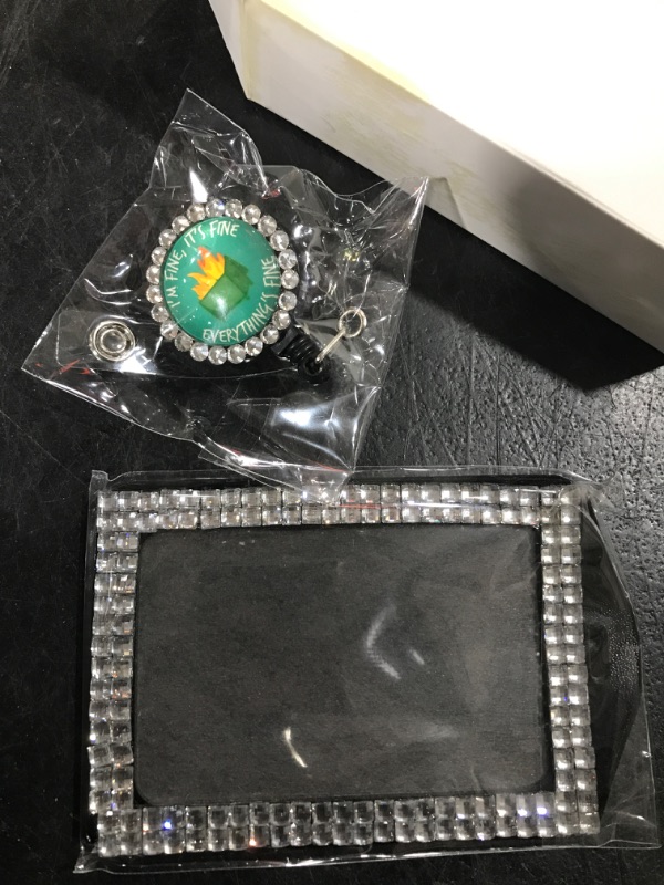 Photo 2 of Rhinestone Badge Reels Retractable with ID Clip and Bling Crystal Badge Holder for Nurse Name Tag Card Funny I'm Fine It's Fine Evrything's Fine Nursing Doctor Medical Office Alligator Clip