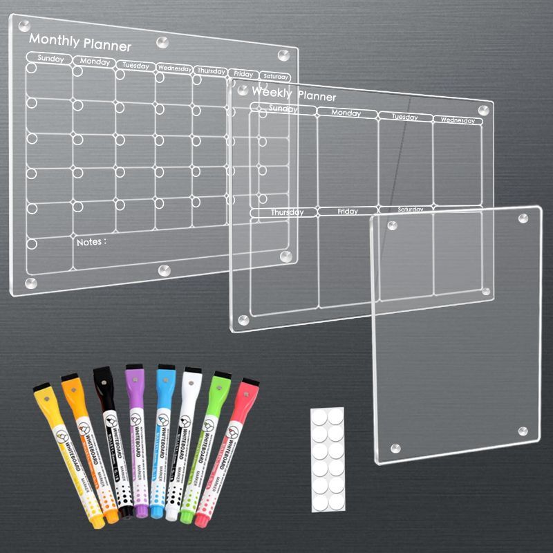 Photo 1 of 3-Pack Acrylic Magnetic Calendar for Fridge Planner Clear Board Set Including 8 Dry Erase Markers Refrigerator Organization with Monthly, Weekly, and Daily Notepads
