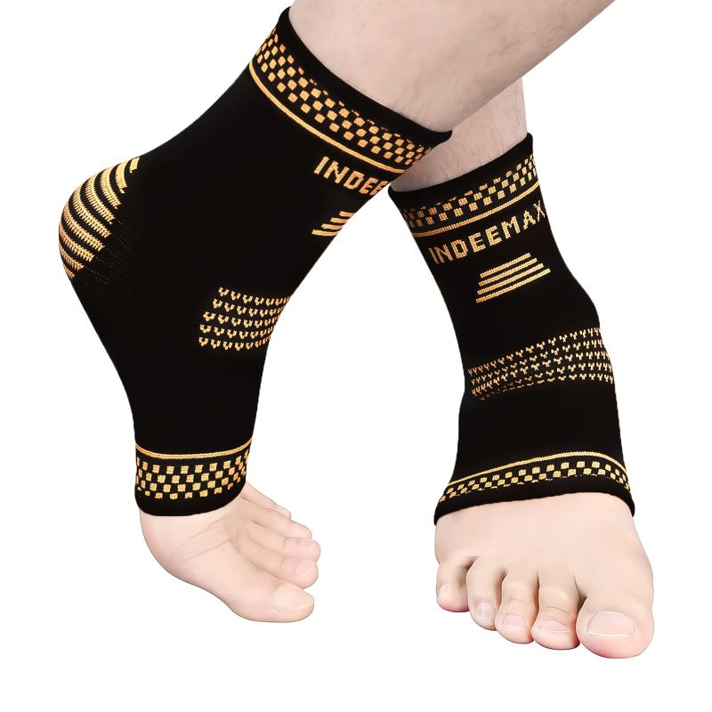 Photo 1 of INDEEMAX Copper Ankle Brace Support for Women Men (1 Pair), BEST Ankle Compression Sleeve Socks for Plantar Fasciitis, Sprained Ankle, Achilles Tendon, Joint Pain, Injury Recovery, Heel Spurs X-Large Golden Black