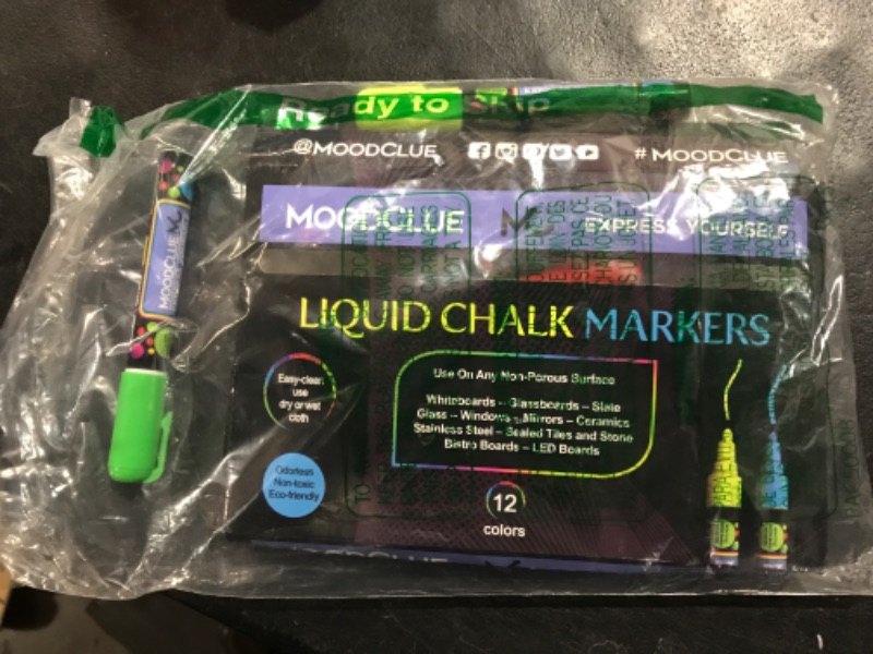 Photo 2 of MoodClue 12 neon liquid chalk markers Windows, mirrors, car windshields, auto, glass, whiteboards, chalkboards, bistro boards. Erasable, washable. Wet or dry erase. Reversible thick and thin tip.