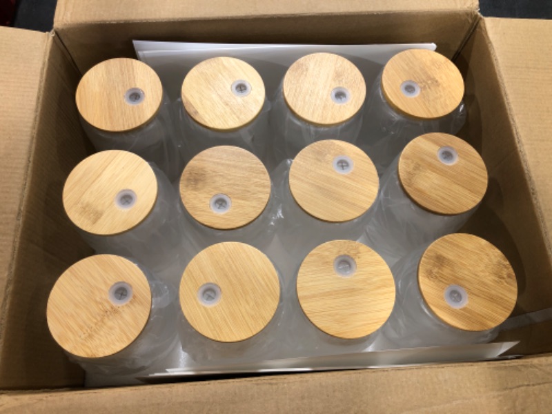 Photo 1 of 12 Pack 16oz Frosted Sublimation Glass Blanks with Bamboo Lid, Frosted Sublimation Glass Tumblers with Lid and Straw, Sublimation Glass Cups Can Shaped Beer Cup for Iced Coffee Milk Juice