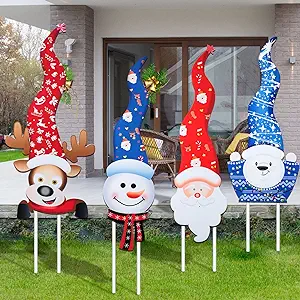 Photo 1 of 4 Pieces Outdoor Christmas Yard Signs Xmas Yard Lawn Sign Snowman Santa Claus Yard Signs Christmas Winter Garden Decor with 8 Stakes for Home Yard Lawn Garden Pathway Driveway Holiday Decoration 