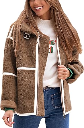 Photo 1 of CREAM NOT BROWN Fisoew Womens Fleece Sherpa Jacket Long Sleeve Lapel Zip Up Winter Coat Outwear with Pockets SIZE L