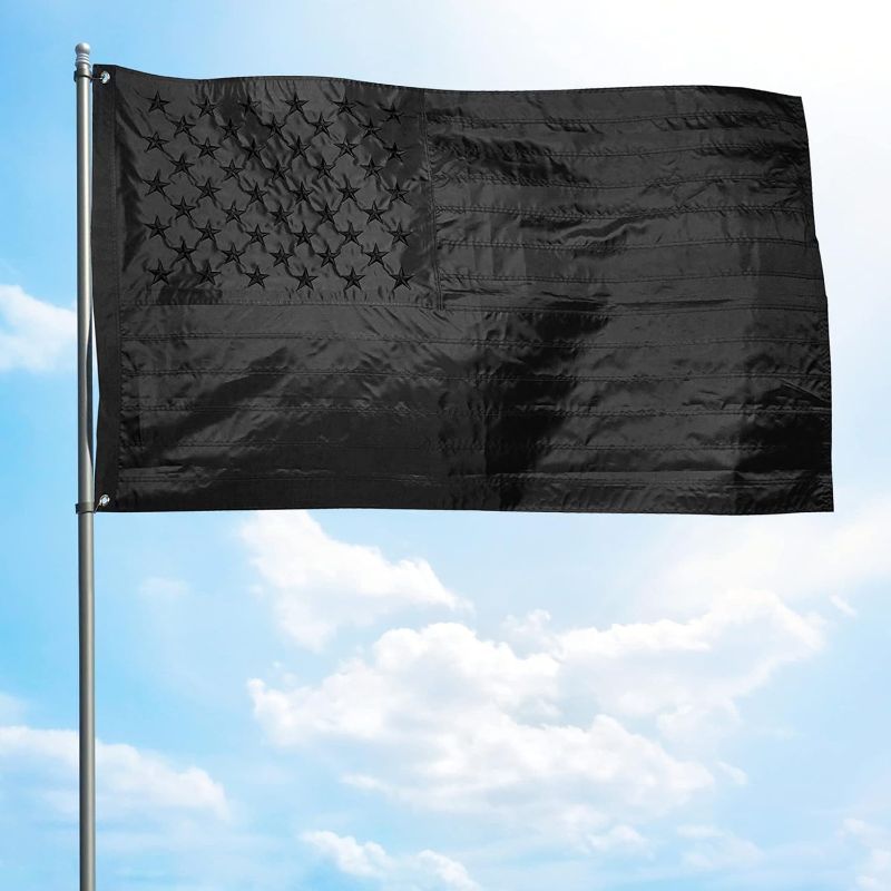 Photo 1 of  All Black American Flag 3x5 Ft - Embroidered Stars, Sewn Stripes, Heavy Duty Nylon - Blackout Heavy Weight US USA Flag - No Quarter American Flag for Outdoor/Indoor Decor
