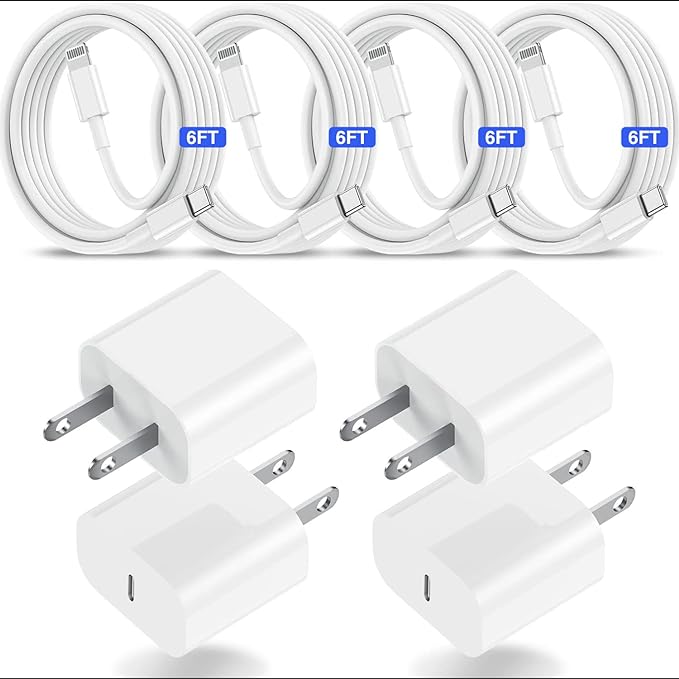 Photo 1 of (4Pack) iPhone 14 13 12 11 Fast Charger,20W USB C Wall Charger Adapter with 4 Pack 6FT Type C to Lightning Cable for iPhone 14/13 Pro/13/12/12 Mini/12 Pro Max/11 Pro Max