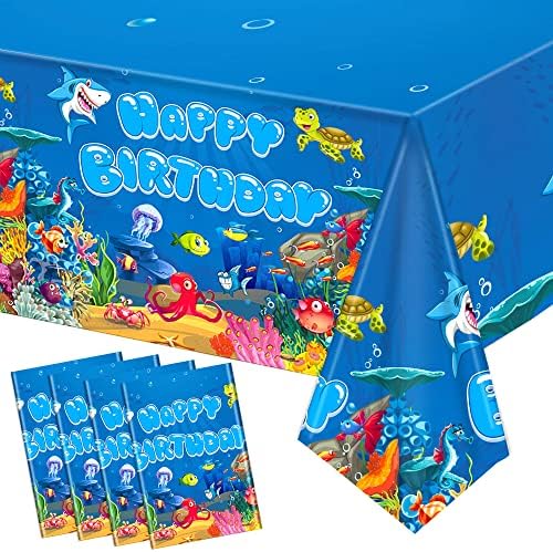 Photo 1 of 4 Pieces Under the Sea Plastic Tablecloths Ocean Birthday Party Table Covers Sea Party Disposable Tablecloth Happy Birthday Rectangular Table Cover for Kids Baby Shower Dining Kitchen, 54 x 108 Inch