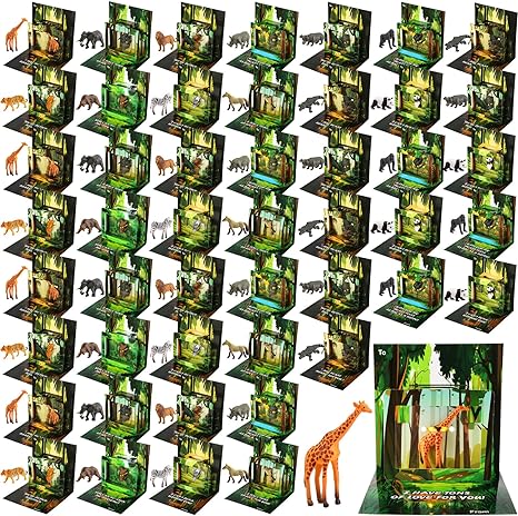 Photo 1 of  Lunmon 48 Set Valentine's Day Gifts Include 48 Pieces 3D Valentine's Day Cards 6 style and 48 Pieces Animal Figures 12 style Safari ZooThemed for Boys Girls Jungle Valentine's Exchange Cards 
