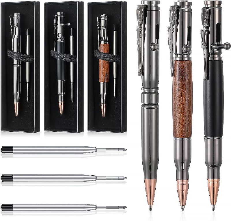 Photo 1 of Crtiin 3 Sets Bullet Pens for Men Bolt Pen Bullet Pen for Pen Lover with Pen Gift Box and Black Ink Refills for Thanksgiving Christmas Valentine's Day Gifts
