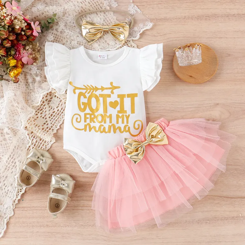 Photo 1 of 3pcs Baby Girl 95% Cotton Letter Print Flutter-sleeve Romper and Layered Mesh Skirt & Headband Set SIZE 0-3M