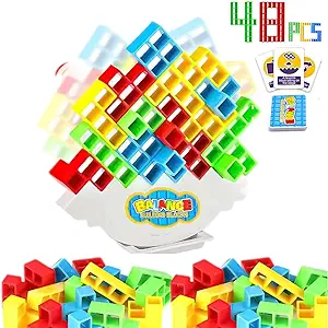 Photo 1 of BWBMSOW 48 Pcs Tetra Tower Stacking Blocks Balance Game, Stack Attack Block Puzzle Game,Board Team Tower Game for Kids Adults, Giant Swing Balancing Toy