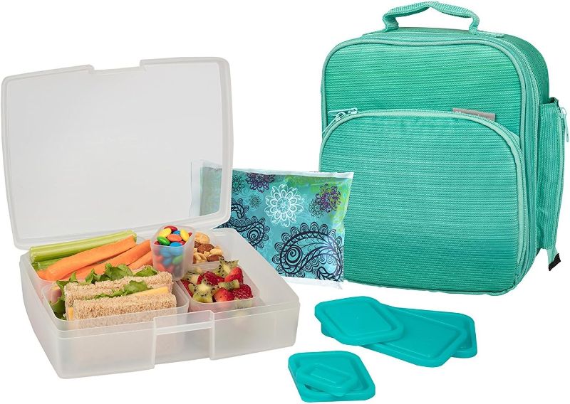 Photo 1 of Bentology Lunch Bag and Box Set for Girls, 9 Pieces Total - Kids Insulated Lunchbox Tote, Bento Box, 5 Containers and Ice Pack - Turquoise
