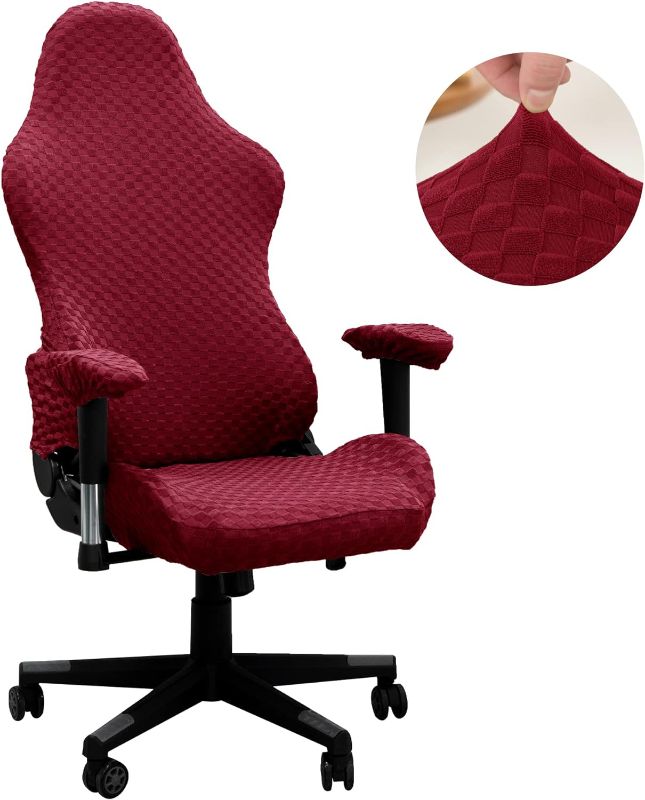 Photo 1 of BIETYONE Gaming Chair Covers (No Chair) Office Computer Chair Slipcovers Small Squares Stretch Washable Slipcovers for Armchair Game Chair Computer Boss Chair,Wine Red
