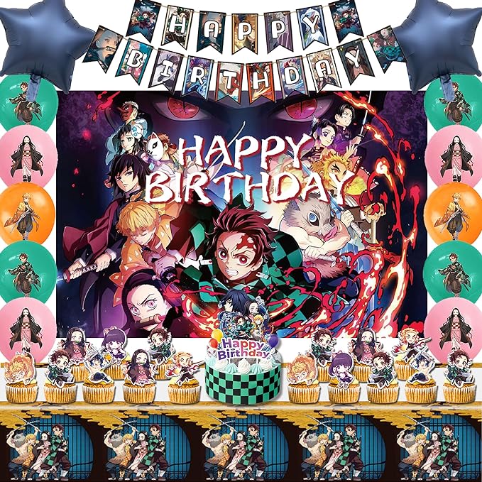 Photo 1 of Birthday Decorations Anime Party Decorations Party Supplies Include Banners, Backdrop, Tablecloth, Cake Toppers, Cupcake Toppers, Balloons for Girls and Boys Anime Birthday Decorations 