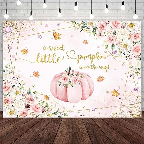 Photo 1 of AIBIIN 7x5ft Pumpkin Baby Shower Backdrop for Girls Pink Pumpkin Floral Baby Shower Photography Background Autumn Little Pumpkin is on The Way Baby Shower Party Decorations Banner