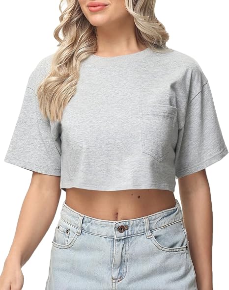 Photo 1 of  PINK NOT GREY MRSISYI Women Short Sleeve Summer Crop Tops with Leggings Crewneck Casual Solid Color Basic Tees with Pockets T-Shirt 2023 SIZE S