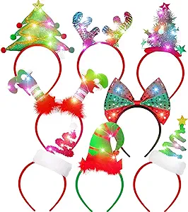 Photo 1 of 8 PCS Light Up Christmas Headband, LED Lights Christmas Head Topper, Santa Hat Reindeer Antler Tree Leprechaun Hat Bow Headpieces Gifts Bulk for Adults Kids Xmas Holiday Party Favors Photo Supplies 