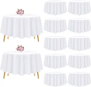 Photo 1 of 12 Pack White Round Tablecloth White Table Cloth Polyester Round Table Cover Round White Tablecloths Washable Fabric Table Cover for Wedding/Party/Banquet/Dining/Buffet Table