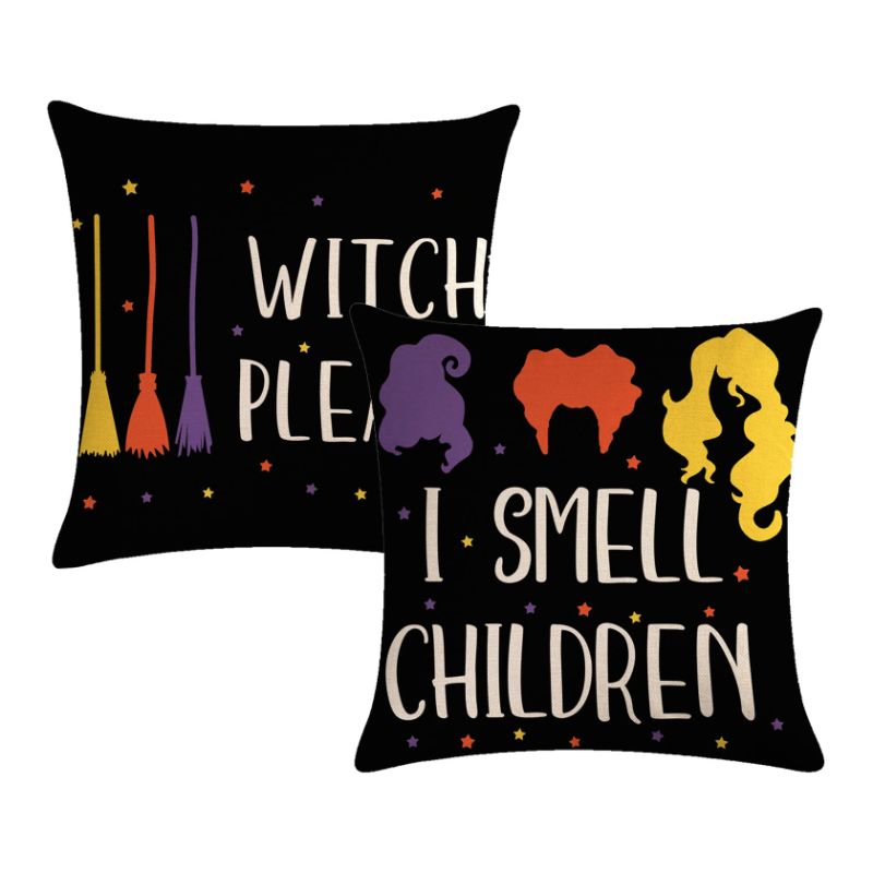 Photo 1 of 7COLORROOM Set of 2 Happy Halloween Pillow Covers Colorful Sanderson Sisters /Witch Please Cushion Cover Farmhouse Black Halloween Decor Pillowcases 18”x 18” for Holiday Day,Halloween Decor