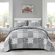 Photo 1 of  Black Grey Boho Quilt Set King Size,3 Pieces Plaid Floral Bedspread Coverlet Set for All Season,Patchwork Reversible Bedding Set