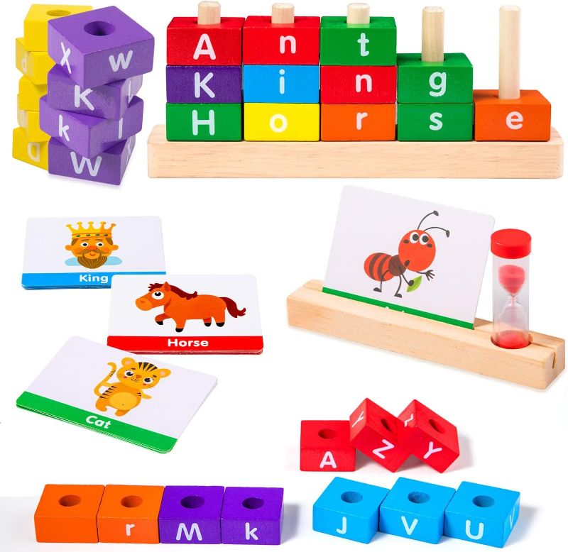 Photo 1 of Yolesty Wooden Building Blocks Spelling Game, Educational Toy with Colorful Alphabet Letters Matching Flash Cards, Montessori Words Early Learning Gift for Kids Boys Girls Age 3 4 5 Year Old
