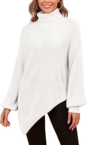 Photo 1 of ZAFUL Women's Long Sleeve Turtleneck Pullover Knit Sweater Asymmetric Hem Sweaters Casual Jumper for Fall Winter SMALL