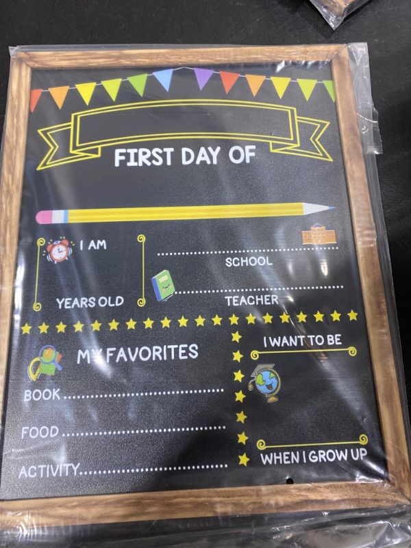 Photo 2 of First & Last Day of School Chalkboard with Frame, 12 x 10 Inch First Day of School Sign for Kids/Girls/Boys, Reusable Wooden Back to School Board Sign, 1st Day of Preschool/Kindergarten Photo Props