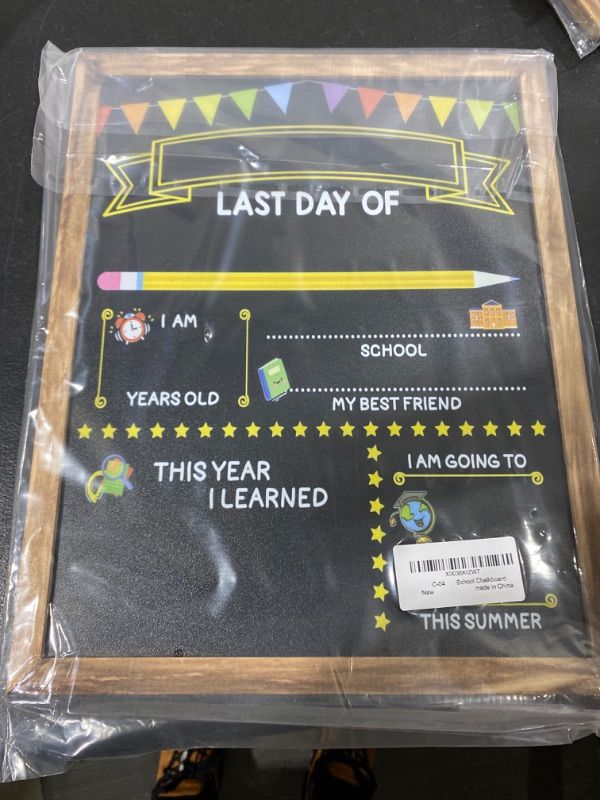 Photo 3 of First & Last Day of School Chalkboard with Frame, 12 x 10 Inch First Day of School Sign for Kids/Girls/Boys, Reusable Wooden Back to School Board Sign, 1st Day of Preschool/Kindergarten Photo Props