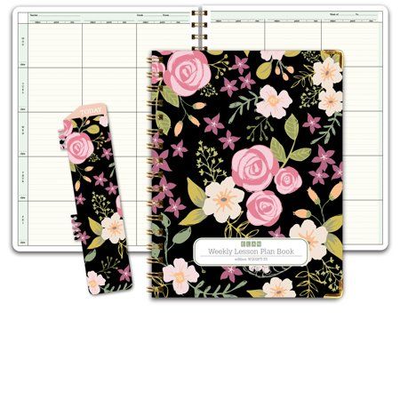 Photo 1 of Elan Publishing Company Hardcover 6 Period Teacher Lesson Plan; Days Vertically Down the Side (W202 - Black Floral)