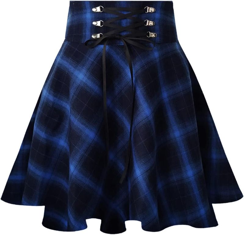 Photo 1 of ZHANCHTONG Women's Gothic Plaid Mini Skirts High Waist Skater Cosplay A Line Flare Skirts 