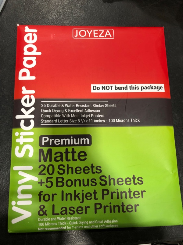 Photo 2 of JOYEZA Premium Printable Vinyl Sticker Paper for Inkjet Printer - 25 Sheets Matte White Waterproof, Dries Quickly Vivid Colors, Holds Ink well- Tear Resistant - Inkjet & Laser Printer