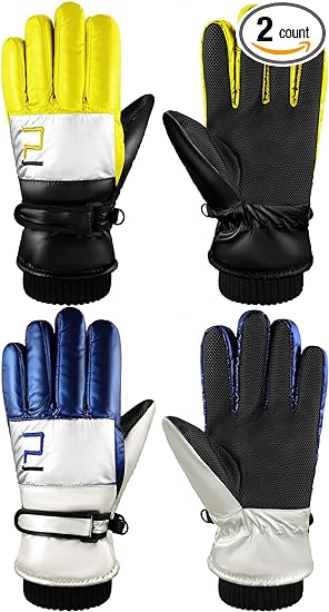 Photo 1 of Eurzom 2 Pairs Winter Kids Ski Snow Gloves Snowboard Gloves Boys Girls Toddler Windproof Insulated Gloves with Hook and Loop for 6-13 Years Old Children Outdoor Sledding Cycling