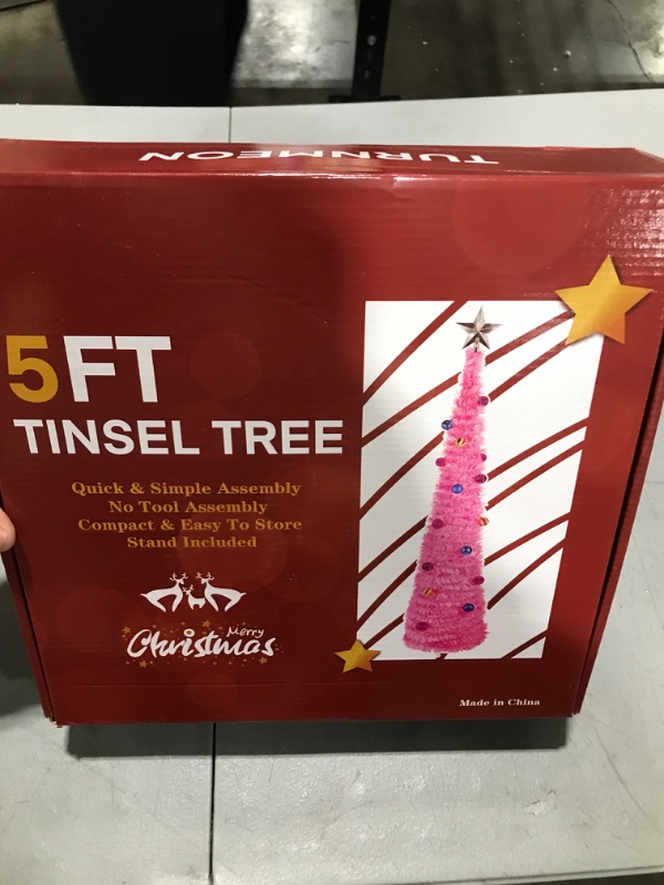 Photo 2 of [ Dual Color Change & Timer ] 5 Ft Lighted Bling Christmas Pencil Tree 50 LED Light 3D Star 25 Ball Ornament Battery Operated, Glitter Tinsel Pop Up Slim Xmas Tree Decor Indoor Home (Pink)