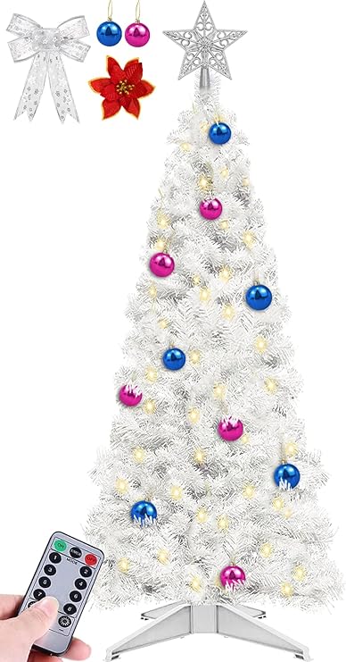 Photo 1 of [ Timer & 8 Modes ] 4 Ft Christmas Tree Remote Control 100 LED Warm Lights 18 Ornaments 3D Star 9 Flowers Glitter Ribbon 15 Clips Battery Operated Small Xmas Tree Table Indoor Holiday Party Decor