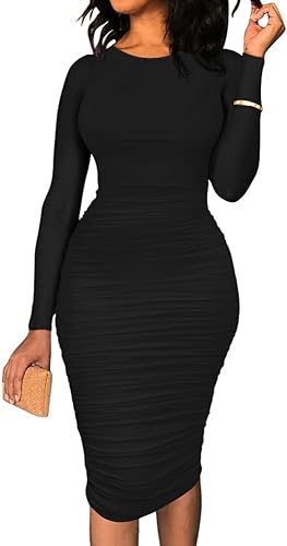 Photo 1 of BEAGIMEG Women's Ruched Long Sleeve Elegant Bodycon Basic Casual Midi Dress https://a.co/d/0FLLAU8