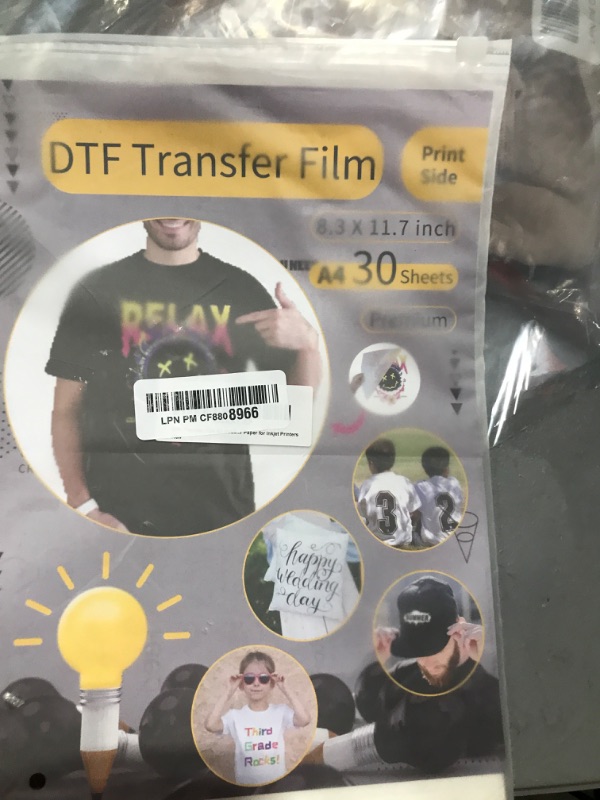 Photo 1 of DTF Transfer Film - 30 Sheets A4 (8.3" x 11.7") Double-Side Matte Clear Pretreat Sheets-PET Heat Transfer Paper for Epson Inkjet Printer DTF DIY Direct Print on T-Shirts Textile