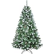 Photo 1 of  Snow Flocked Artificial Christmas Tree Holiday Christmas Pine Tree Flocked Hinged Xmas Tree with 100 Balls, Tree Skirts, Flocked Tree with 1075 Branch Tips, Metal Hinges & Base